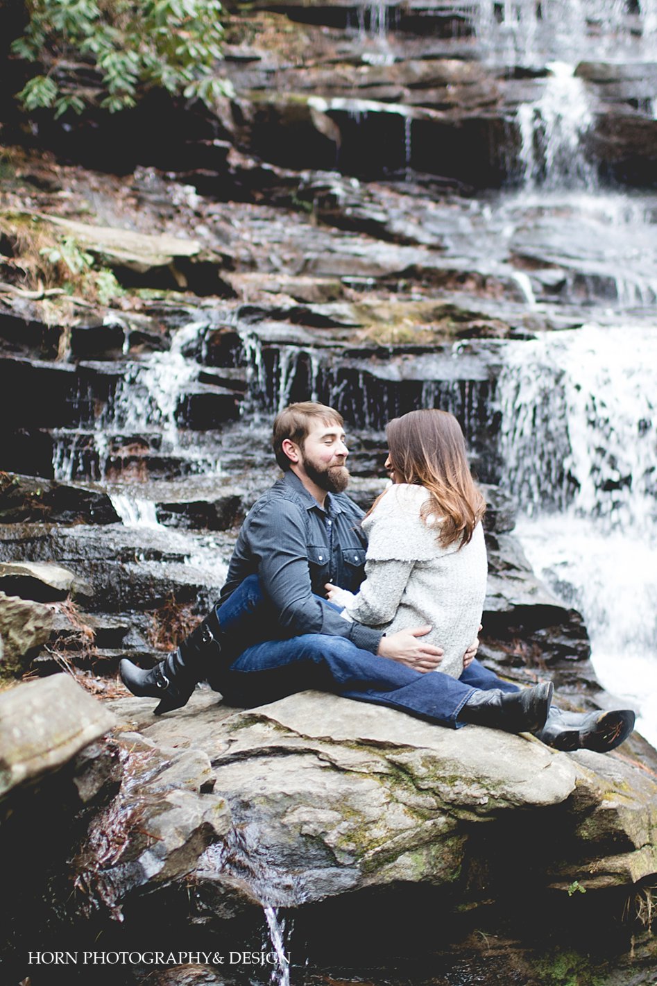 waterfall engagement shoot Adventurous Engagement Horn photography and design Dahlonega GA husband and wife photographers