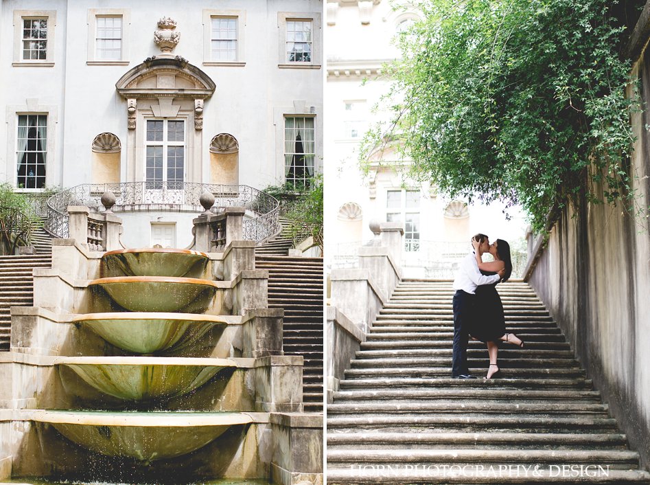 Water fountain in front of swan house engagement session