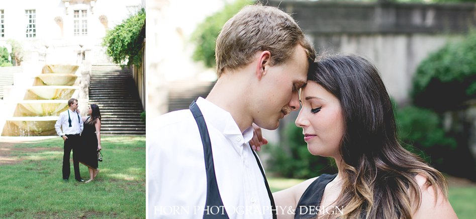 couple stands in front of fountain Swan House Engagement Shoot Horn photography and design