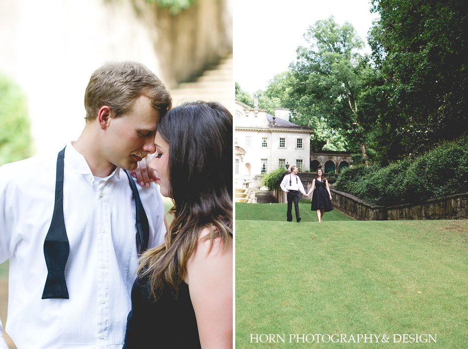 historic Swan House Engagement Shoot Horn photography and design couple walks down lawn southern wedding charm
