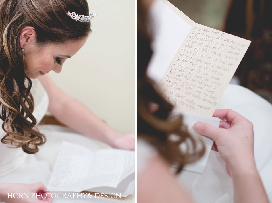 Bride reading letter, exchanging gifts