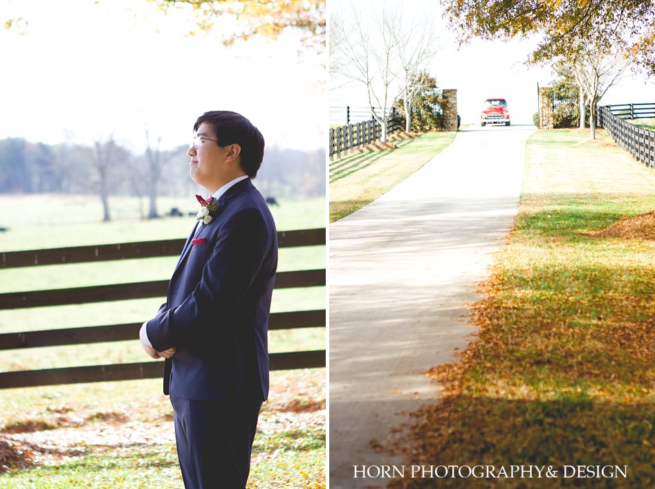 first look groom waits for bride coming in vintage truck Walters Barn Wedding Horn Photography and Design