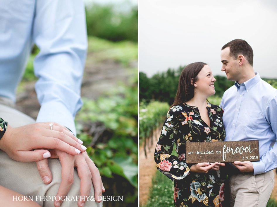 engagement ring, couple holds sign with wedding date on it Engagement Shoot Tip