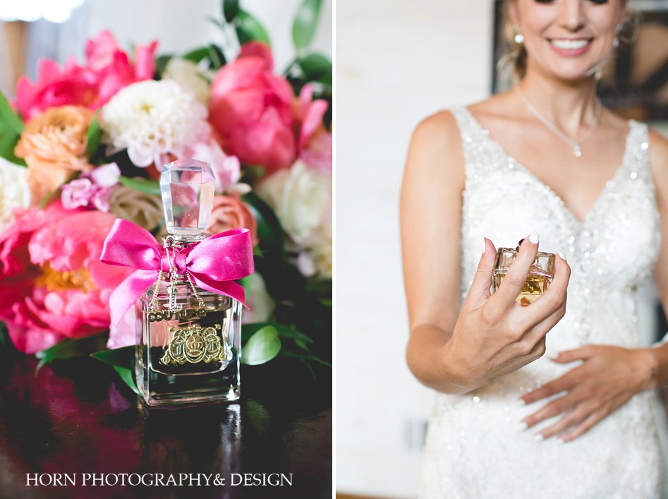 bride sprays perfume, bridal florals, wedding tips for an exciting wedding day by horn photography and design