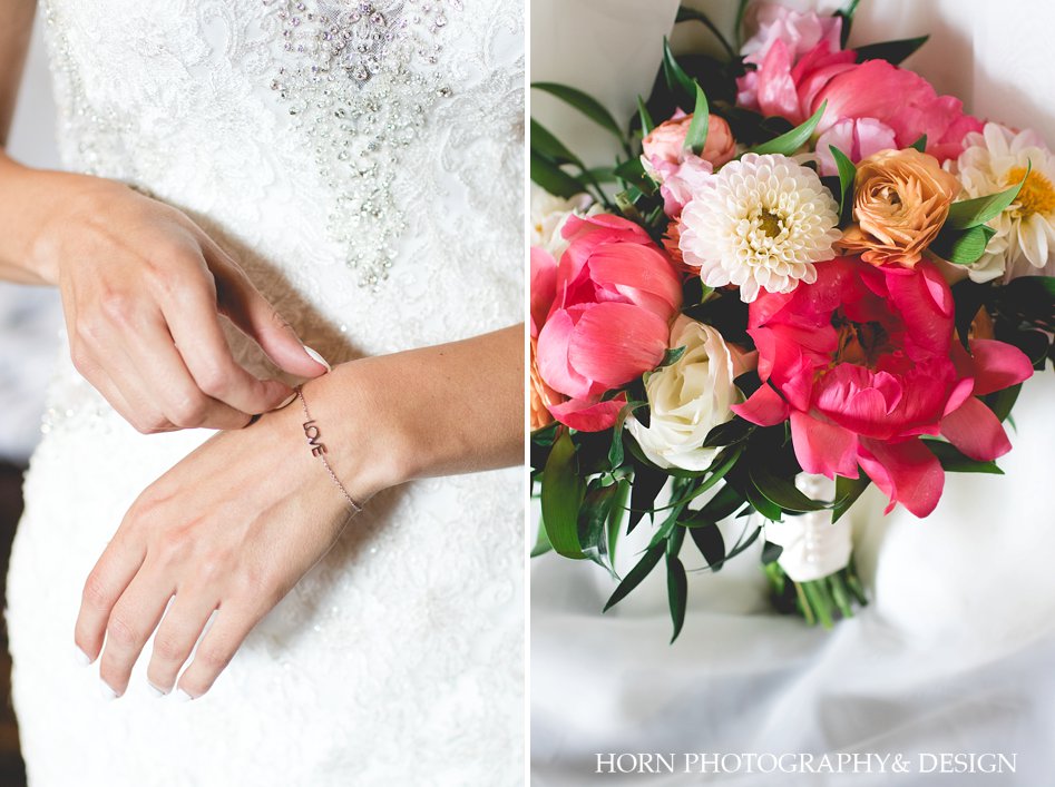 exciting wedding day bride holds bracelet bridal florals horn photography and design Dahlonega photographer 