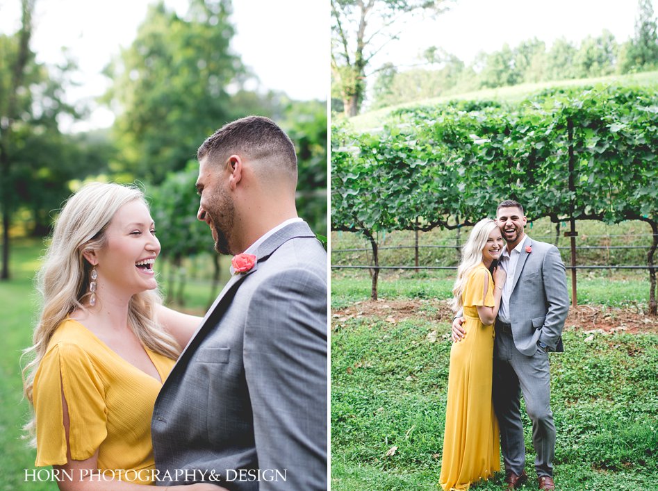YOUR BODY LANGUAGE smiling couple in vineyard horn photography and design Dahlonega Georgia engagement shoot