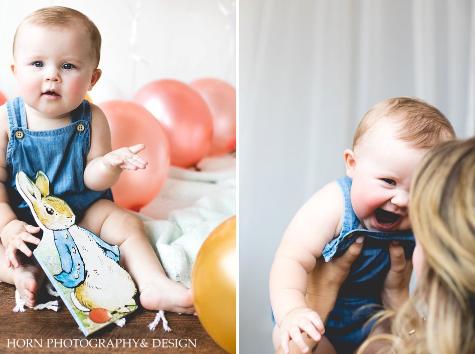 first birthday shoot baby in denim with balloons