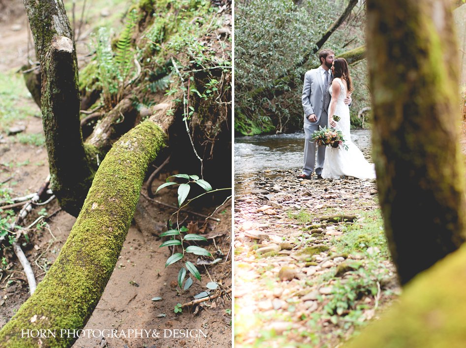 two creeks at willow creek farm bride standing by creek with groom