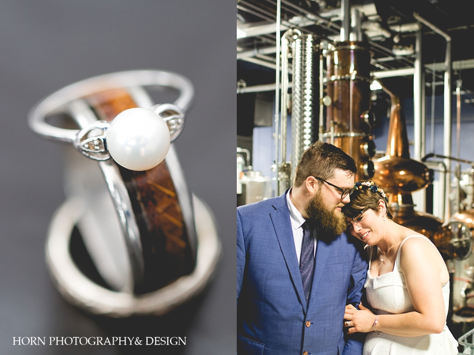bride and groom in production room of craft distillery hipster wedding St. Petersburg Florida Wedding