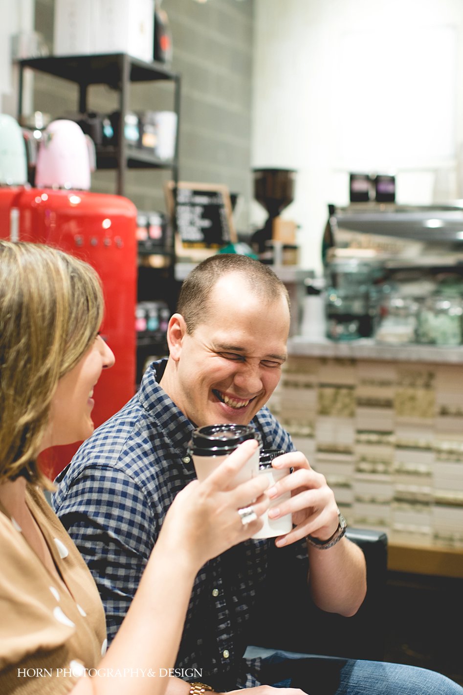 coffee machine laughing couple Ponce City Market Engagement Session Horn Photography and Design