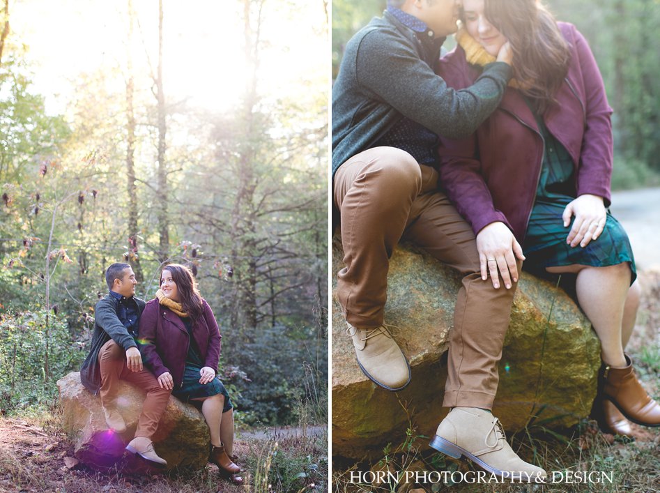 Fall Engagement Session Dahlonega Georgia Couple dressed up siting on rock
