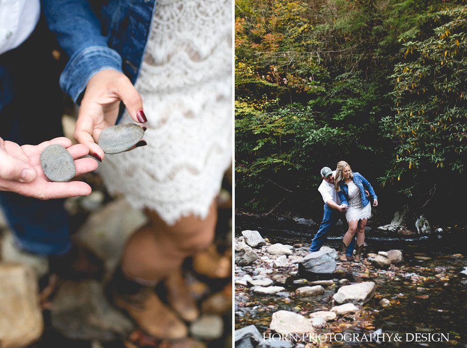 skipping rocks by the river engagement session