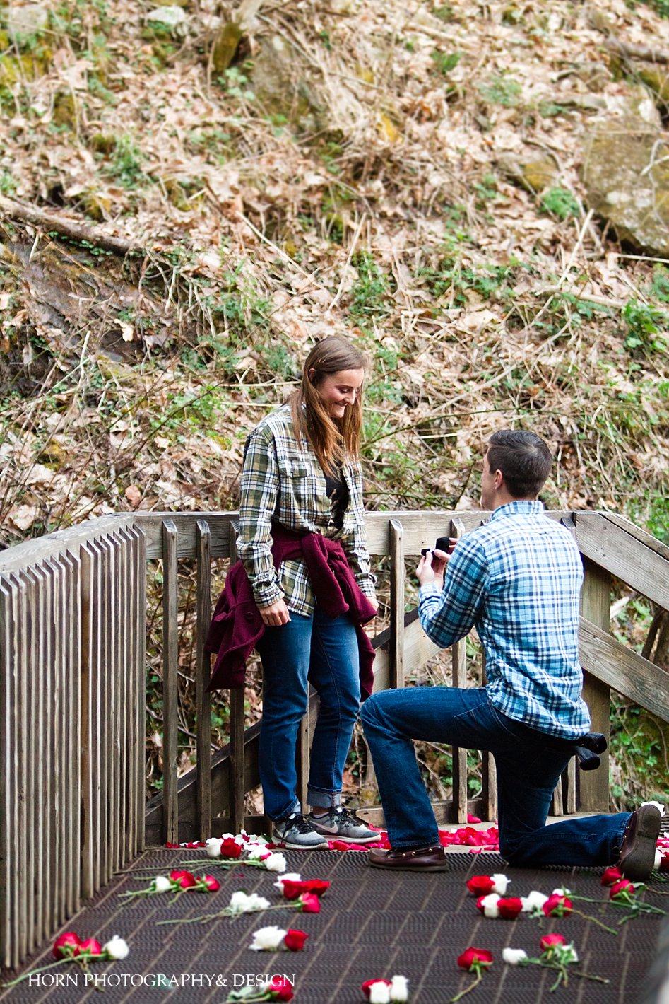 asking the question  Surprise Proposal at Amicalola Falls horn photography and design Dahlonega Georgia photographers 