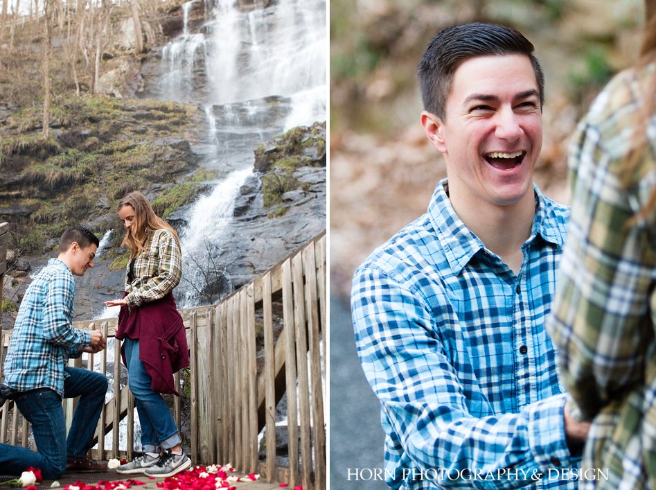 man down on one knee Surprise Proposal at Amicalola Falls horn photography and design Dahlonega Georgia photographers 