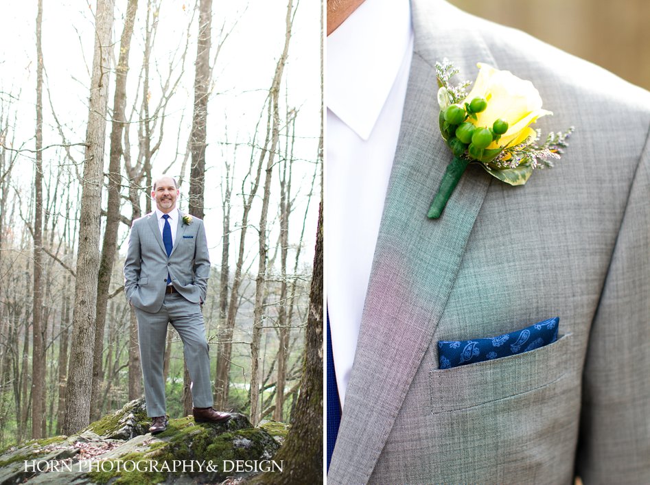 groom in suit with boutonnière Intimate Wedding Dahlonega Elopement Horn Photography and Design