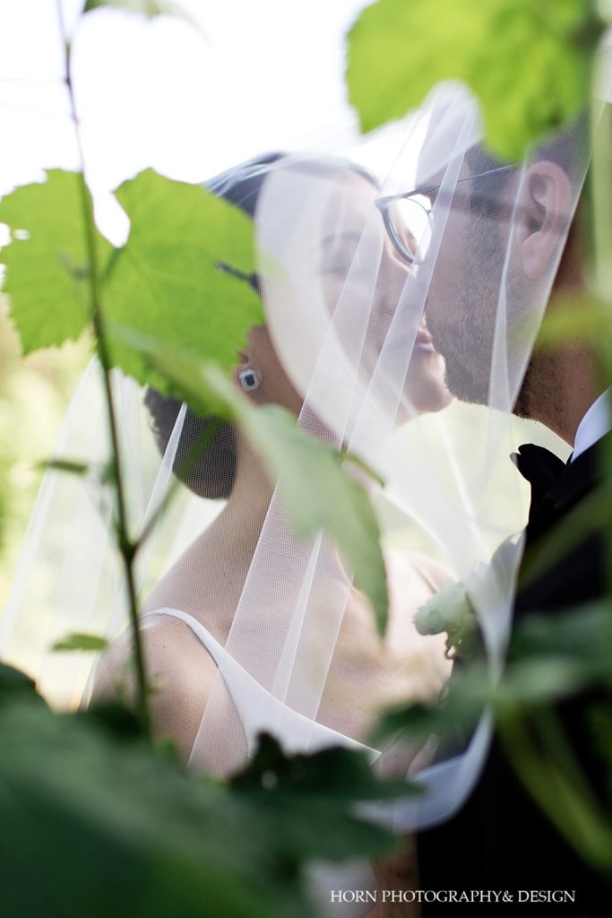 bride and groom romantically kiss in vineyard