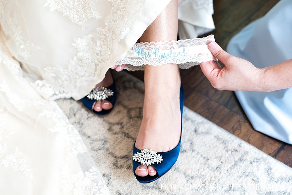 bride garter blue flats with jewels