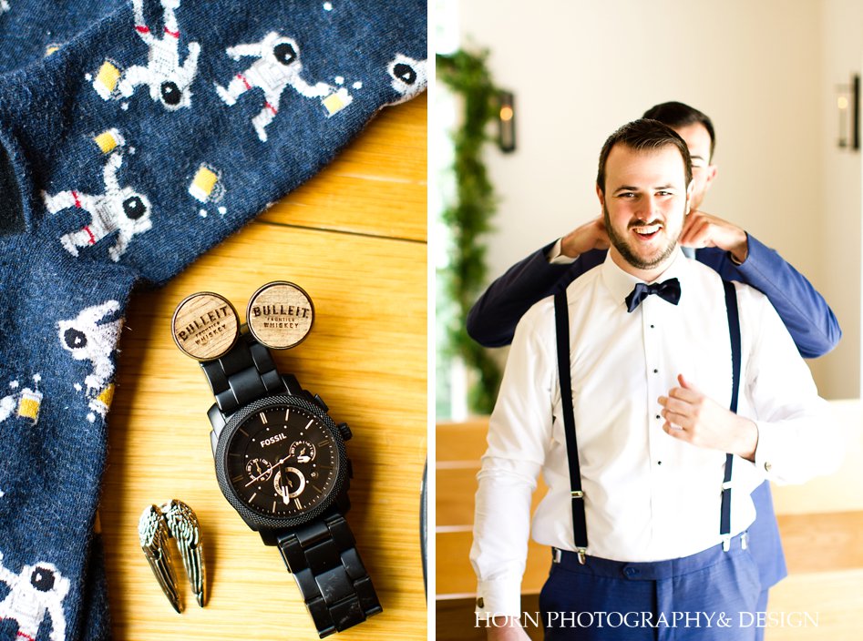 Groom watch cufflinks custom lapel pin blue suit with suspenders wedding Atlanta chapel