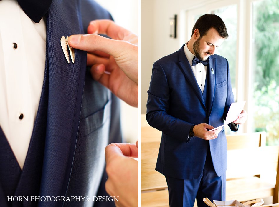 custom lapel pin blue suit groom Atlanta wedding photographers