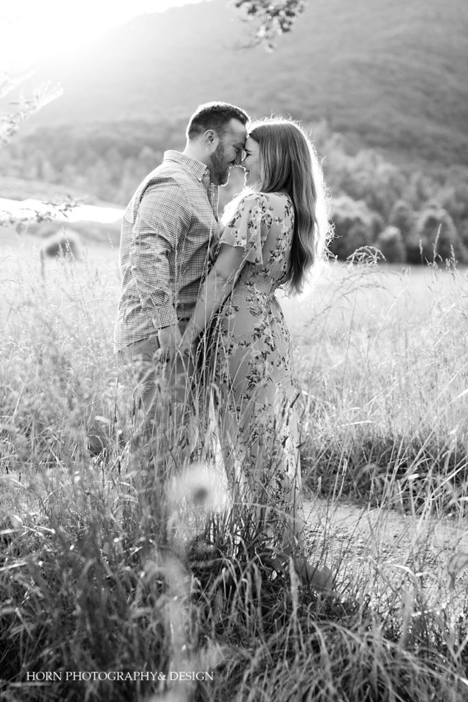 black and white candid engagement photo pose foothills Georgia Mountains horn photography and design