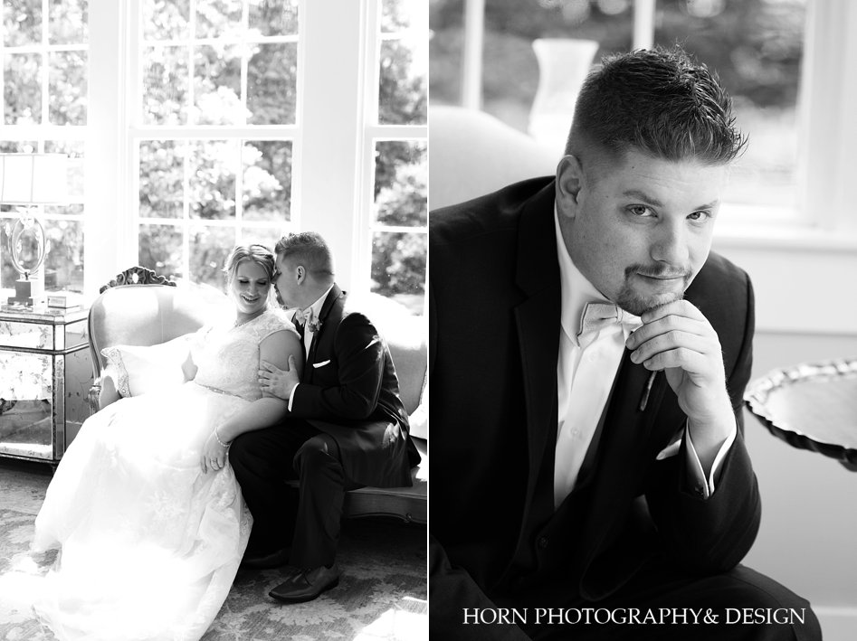 black and white candid moment before the wedding ceremony bride and groom pose Naylor Hall Roswell GA horn photography and design