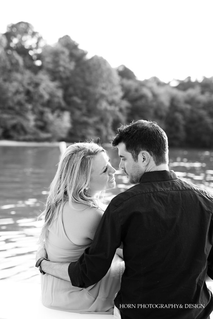 black and white Lake Lanier engagement photos on Lake Lanier Forsyth County with water background horn photography and design