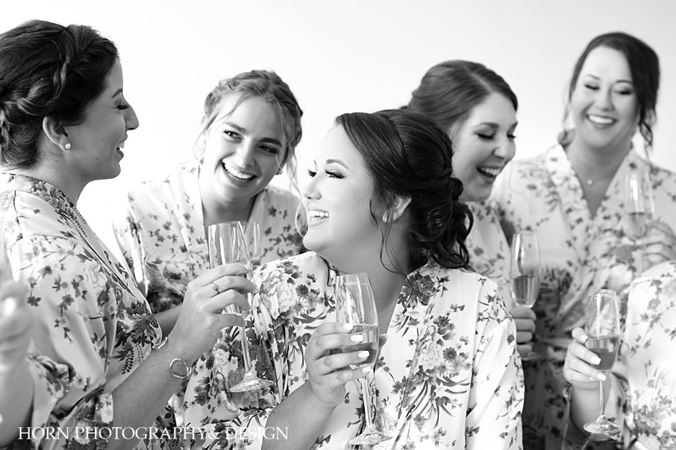 bridal party pre-wedding champagne toast Dahlonega North Georgia black and white photography horn photography and design