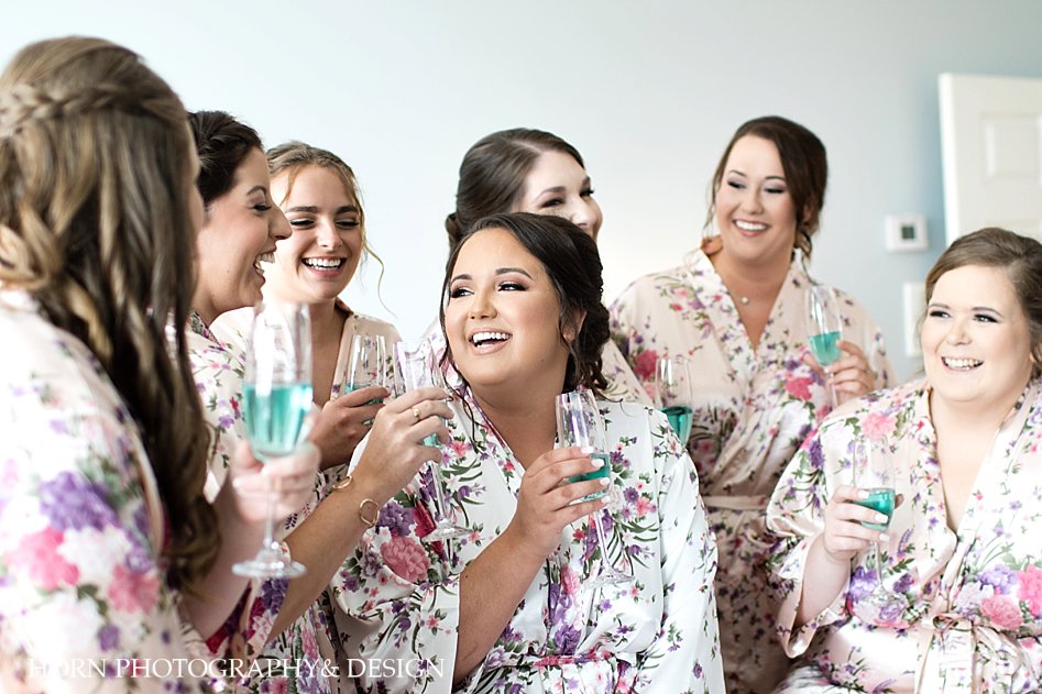 bride bridal party pre-wedding toast champagne matching floral silk robes Dahlonega North Georgia horn photography and design