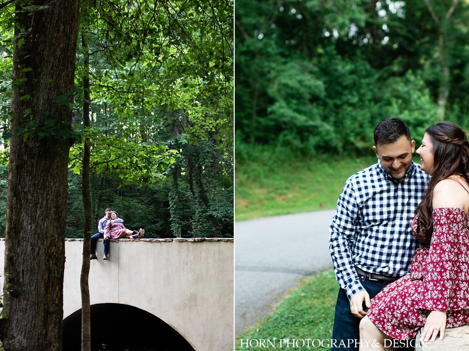 candid bridge in woods couple laughing engagement location and pose ideas Georgia horn photography and design