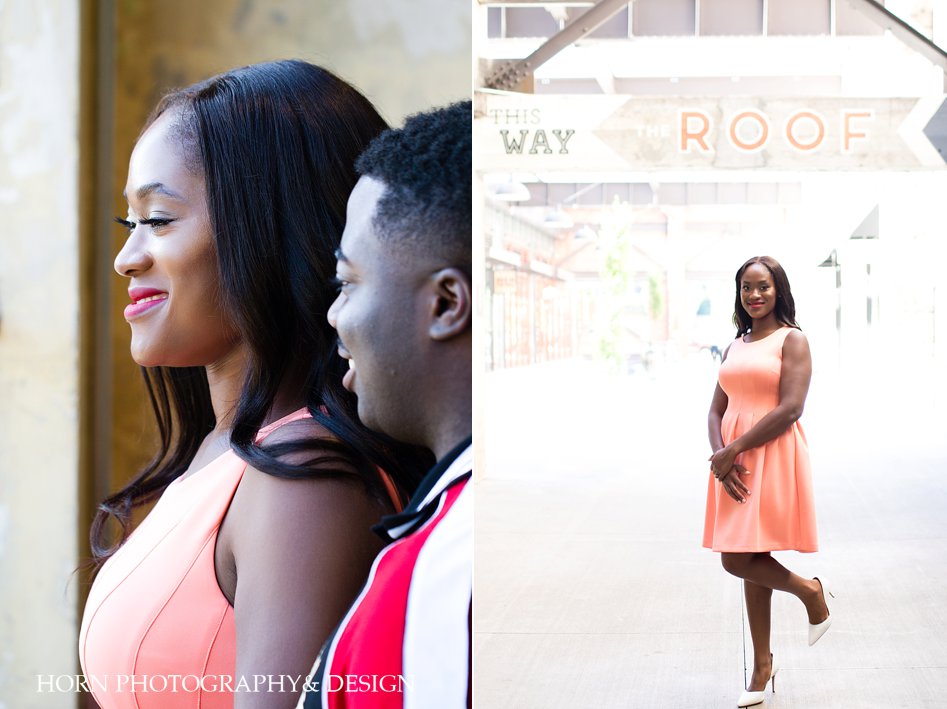 couple and individual photo pose ideas coral fit and flare Ponce City Market Atlanta GA horn photography and design