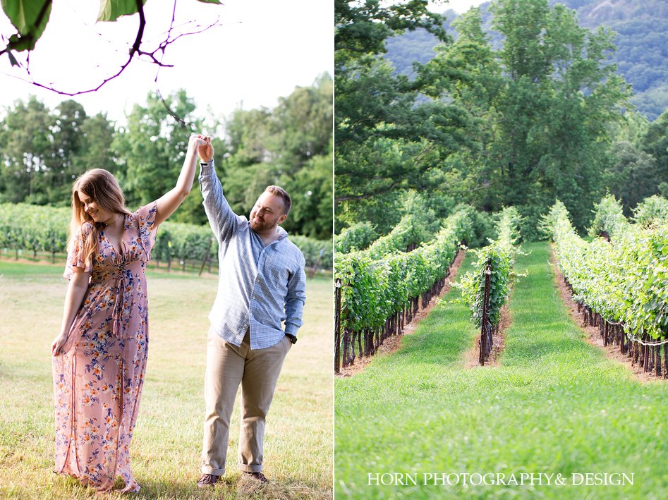 couples photo session pose ideas lilac floral dress Yonah Mountain vineyard North Georgia horn photography and design