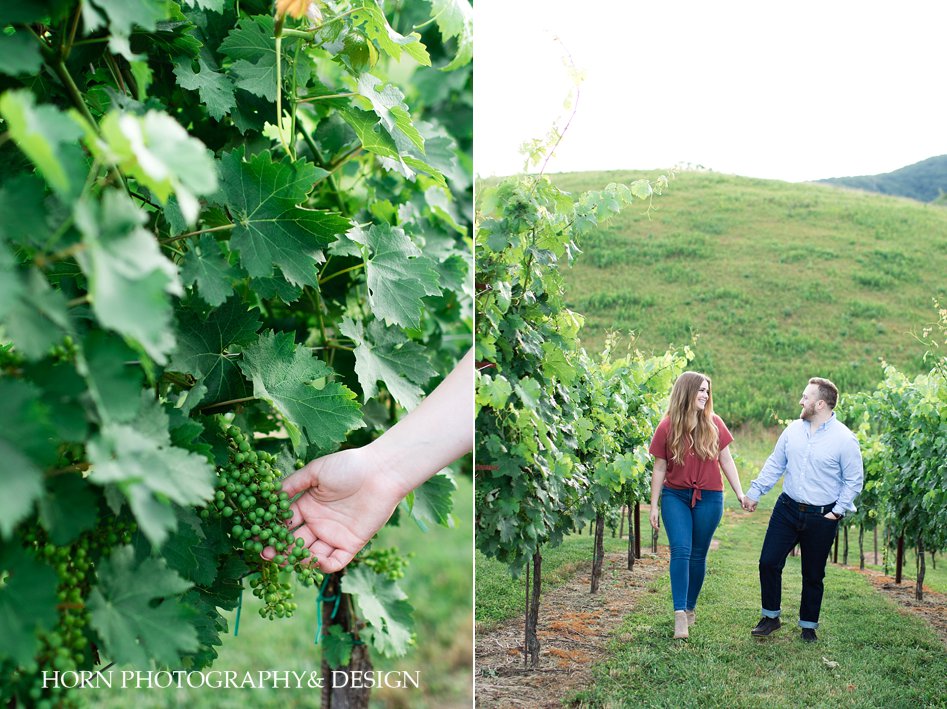 engaged couple photo pose and outfit ideas red tie t-shirt Yonah Mountain Vineyard Georgia horn photography and design