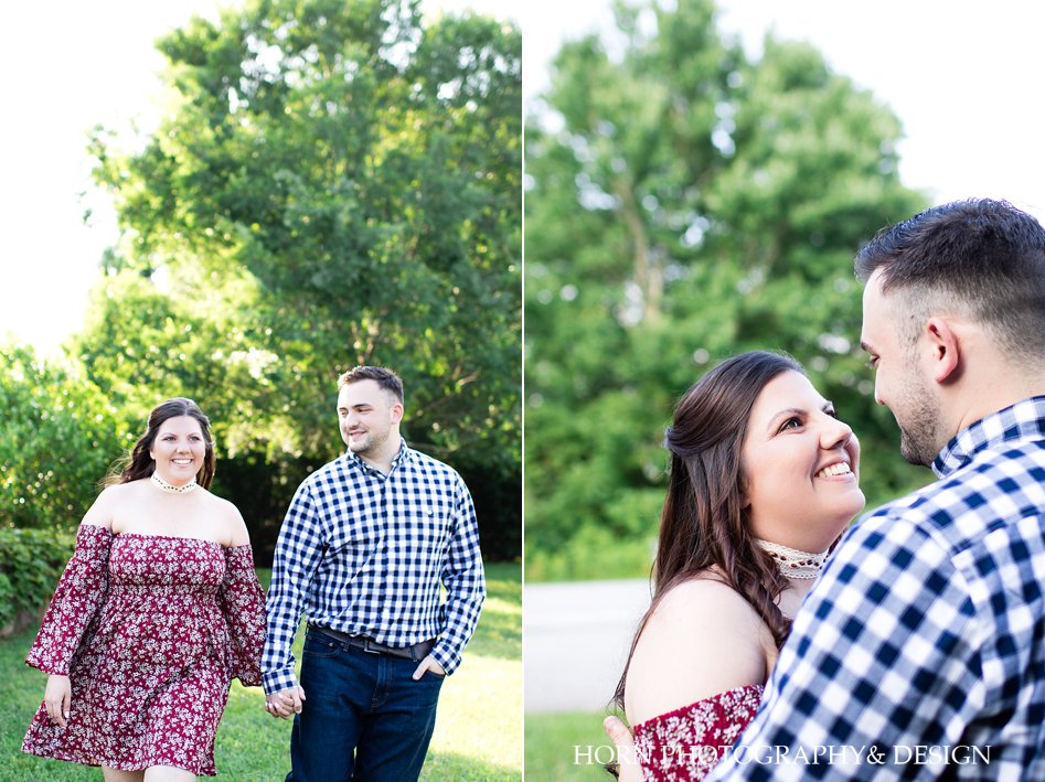 engagement photo outfit ideas red floral off the shoulder dress blue gingham button down crochet choker with red accent ribbon Georgia horn photography and design