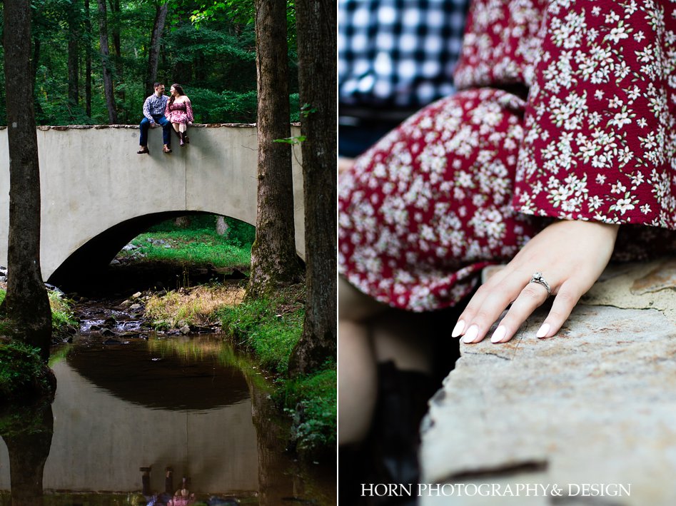 engagement photography session on bridge overlooking river engagement ring up close vintage round cut diamond Atlanta GA horn photography and design