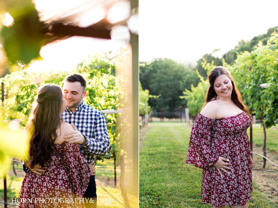 engagement picture ideas in vineyard from behind vines couple embracing red floral dress in vineyard Dahlonega Georgia horn photography and design
