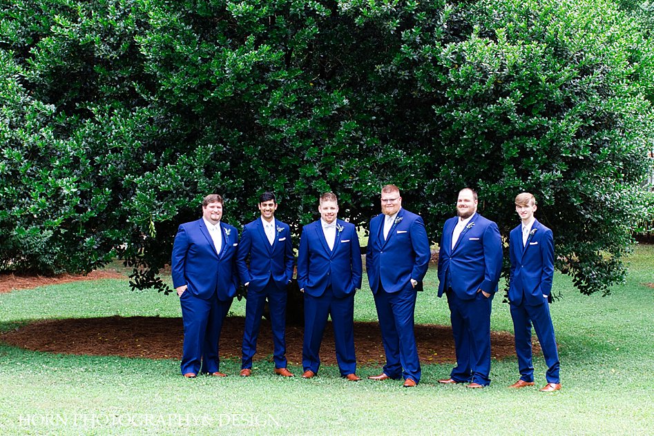 groom and groomsmen navy tuxedo thistle boutonniere tobacco leather shoe outdoor pose ideas Metro Atlanta horn photography and design 