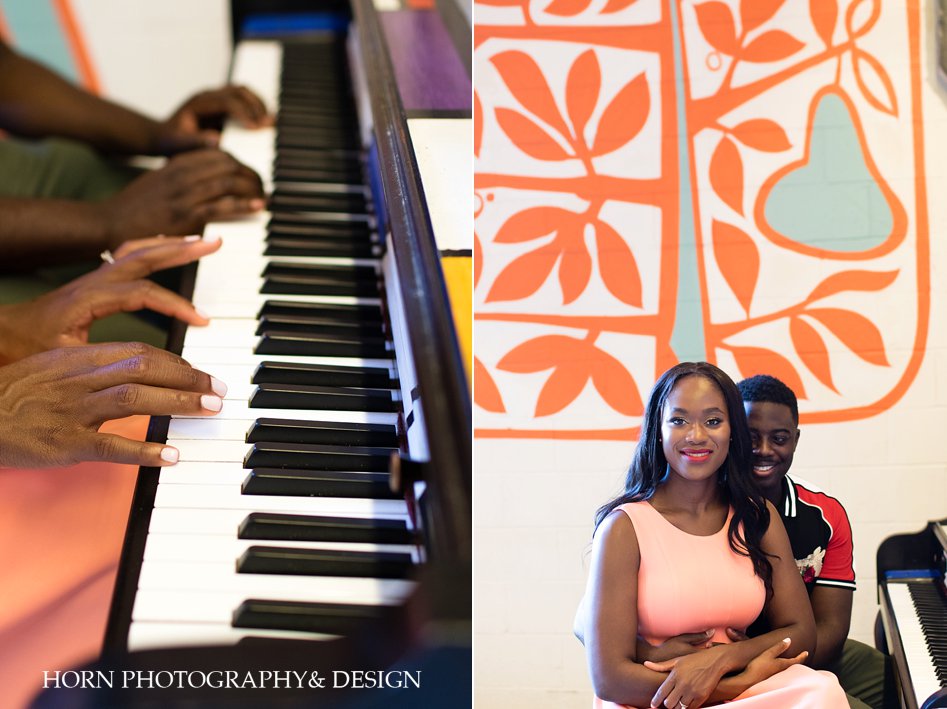 Heart and soul piano engagement photo couple sweet embrace Southern Charm Atlanta Georgia horn photography and design