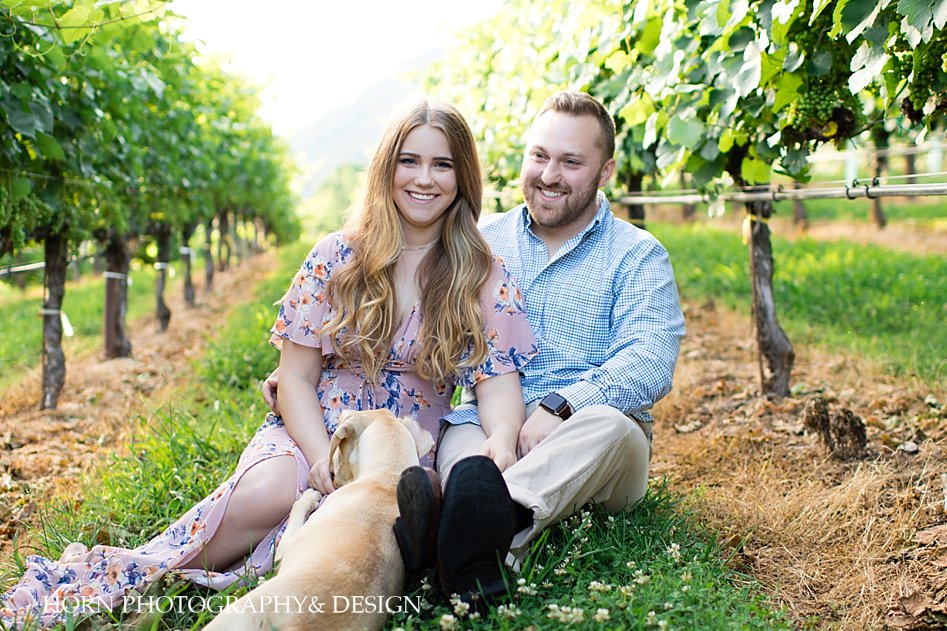 Mountain vineyard engagement photo pose ideas with dogs North Georgia horn photography and design