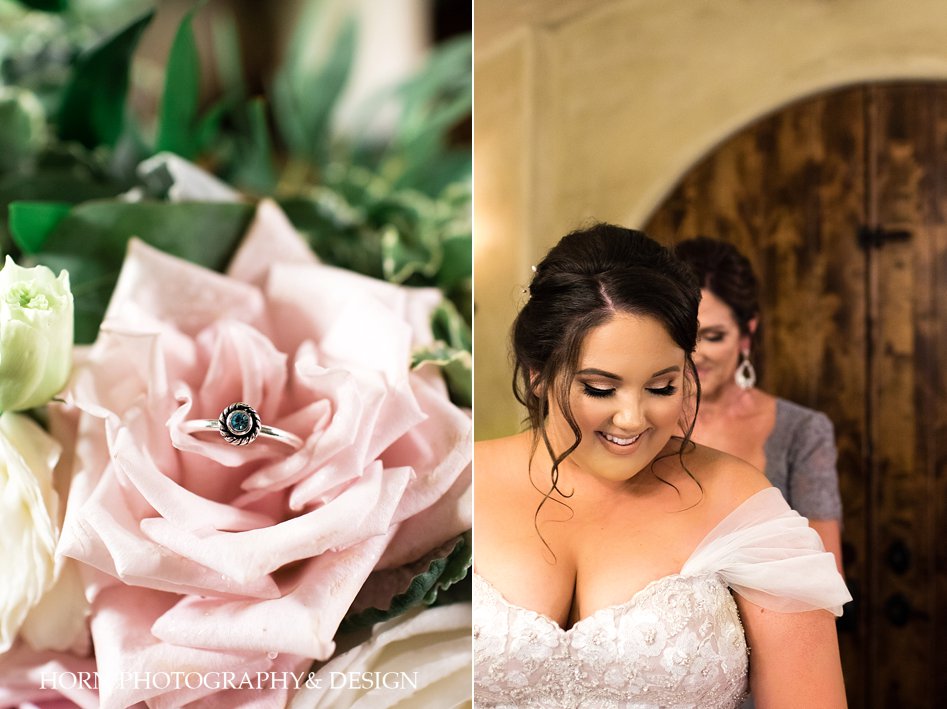 ring in pink rose photo sweetheart neckline wedding dress bride and mother of the bride get ready photo North Georgia montaluce vineyard horn photography and design