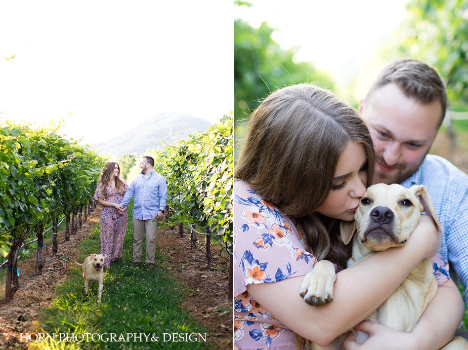 light purple floral maxi dress soft falling curls engagement outfit hair ideas puppy love scenic mountain vineyard engagement photo North Georgia Mountains horn photography and design