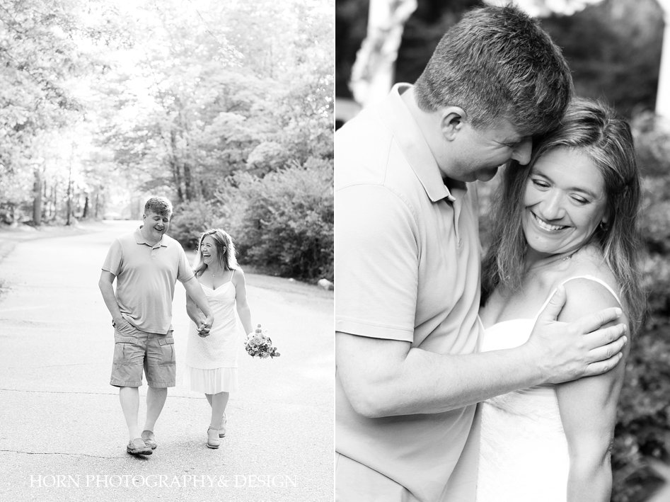 20 year anniversary photo session black and white walking holding hands sweet embrace Forest Hills resort North Georgia horn photography and design