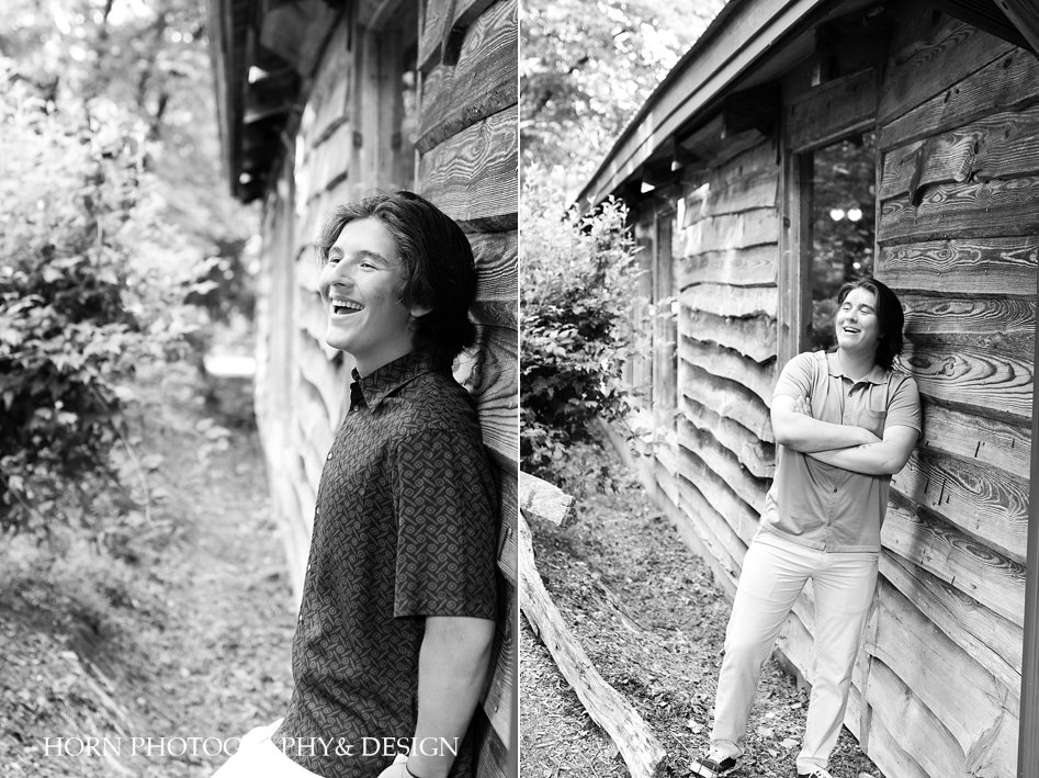 family photo session leaning on rustic building barn as prop pose ideas black and white Dahlonega Georgia horn photography and design