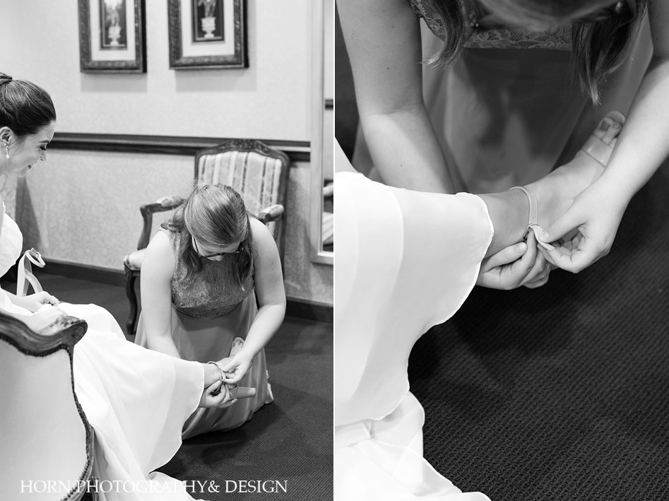 black and white wedding day getting dressed bride putting on shoes Metro Atlanta horn photography and design