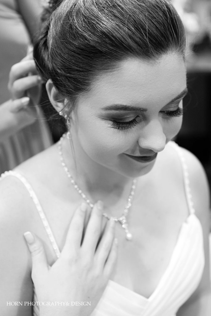 black and white get ready wedding photo ideas pearl drop and diamond necklace glam makeup ideas Roswell GA horn photography and design