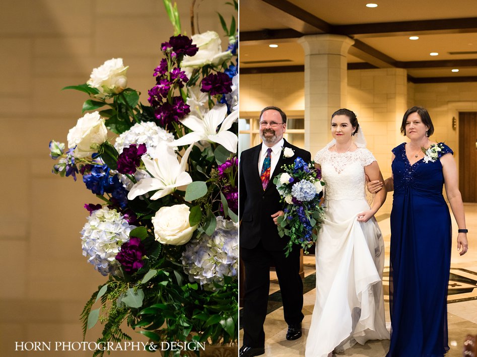 navy purple and white bride floral bouquet mother and father escort down the aisle Southeast Wedding horn photography and design