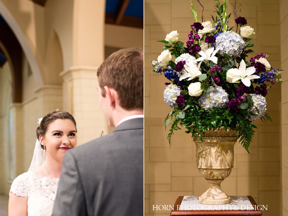 they said i do bride and groom floral wedding arrangement hydrangeas lillies purple blue flowers white roses horn photography and design