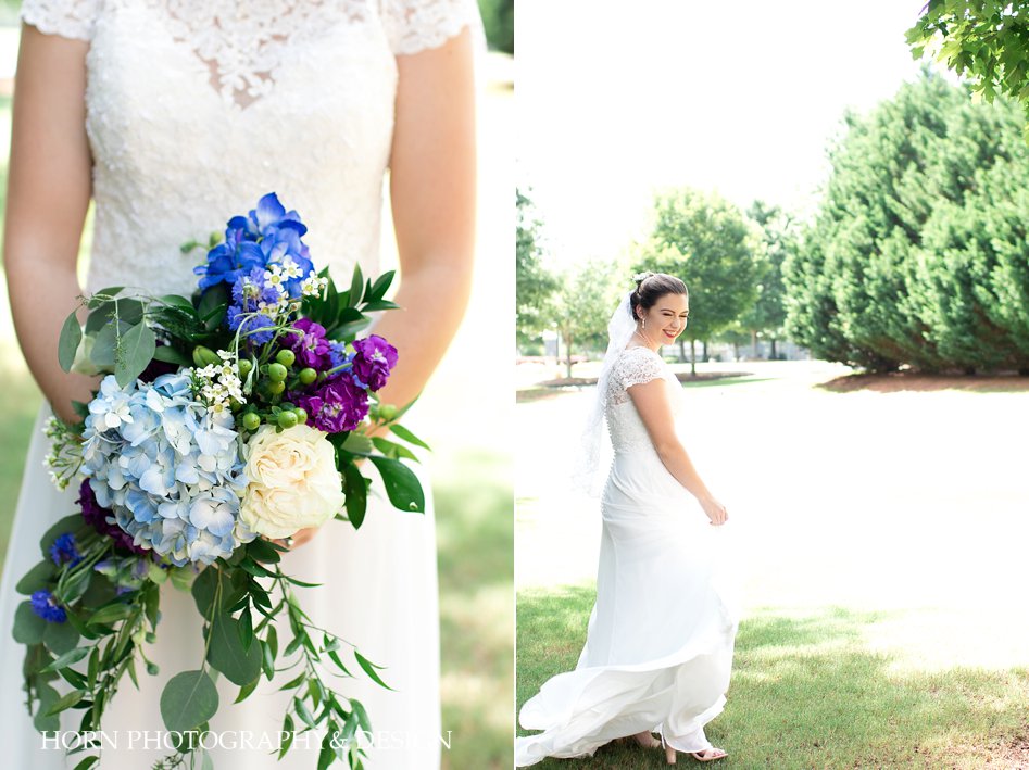 bridal bouquet blue hydrangea white peony eucalyptus leaf bouquet bride twirling in dress photo outdoor natural light horn photography and design