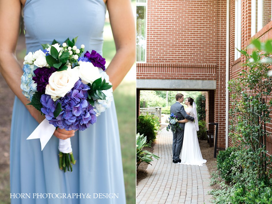 bridesmaid bouquet purple blue hydrangeas white roses blue dress bride and groom after the ceremony pictures horn photography and design