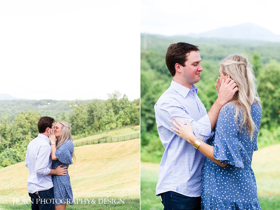 first kiss as engaged couple happy tears mountain landscape The Cottage Vineyard Dahlonega GA horn photography and design