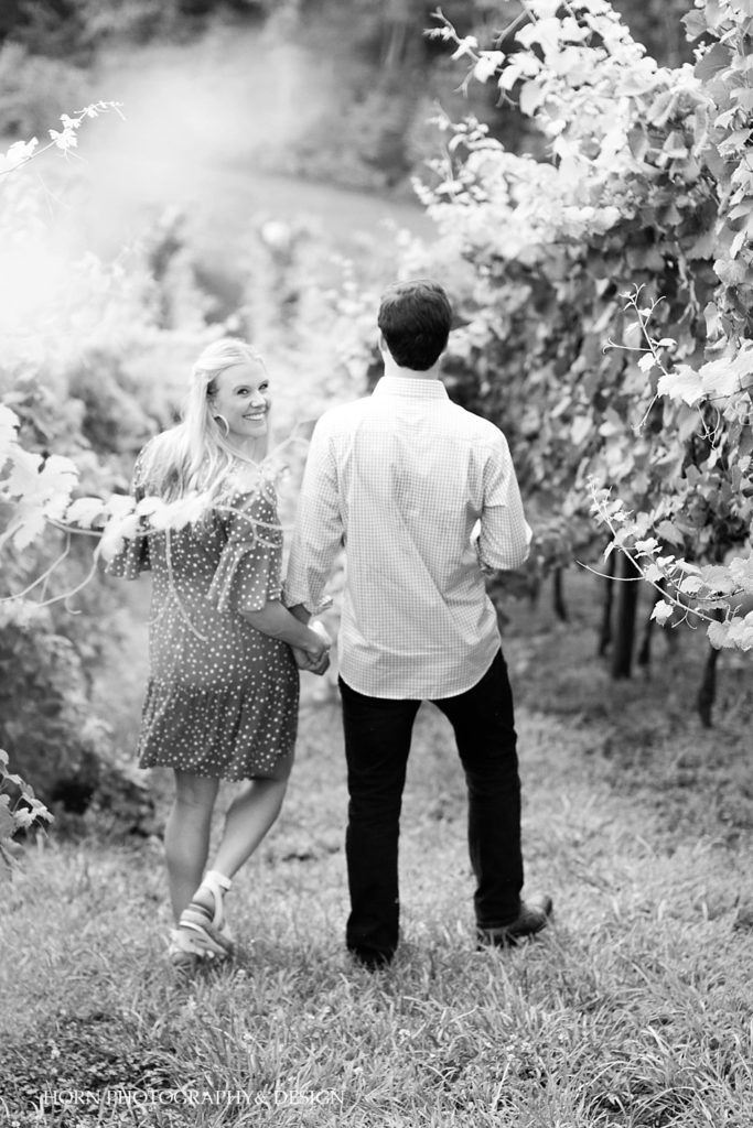 black and white exploring the cottage vineyard engagement session North Georgia horn photography and design